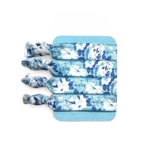 Blue & White Floral 4-Pack Hair Ties Creaseless FOE Elastic Hair Tie Set